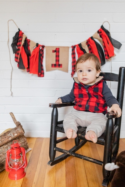 Baby Brother's First Birthday - Camp themed first birthday session - moose rocking chair - black and red plaid - big sister with pink bow