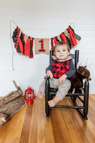 Baby Brother's First Birthday - Camp themed first birthday session - moose rocking chair - black and red plaid - big sister with pink bow