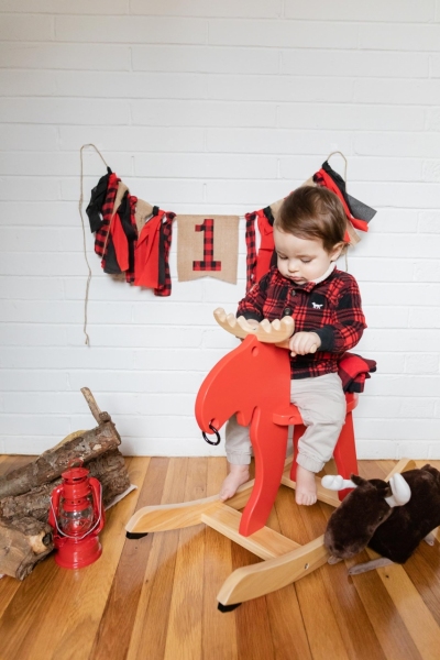 Baby Brother's First Birthday - Camp themed first birthday session - moose rocking chair - black and red plaid - big sister with pink bow