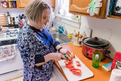 NH adaptive living.  Visiually impaired woman demonstrates life skills and tools learned from the Hadley institute for the Blind and Visually Impaired at home in Exeter, NH